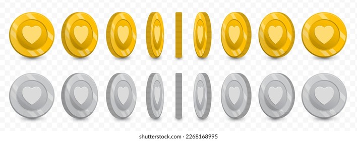 Vector illustration of a collection of Love currency coins in gold colors and grayscale isolated on transparent background (PNG).