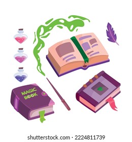 Vector illustration collection of magic books, magic wand, flask isolated on white background. Magic, sorcery, sorceress, healing, halloween.