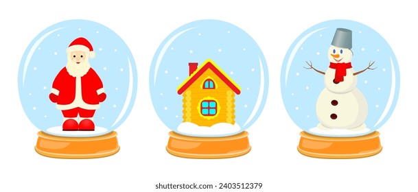 Ilustración vectorial. Colección de bolas de vidrio mágicas. Santa Claus, hombre de nieve y casa. Ilustración de Año Nuevo y Navidad