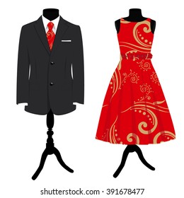 Vector illustration collection man suit with red tie and woman elegant cocktail dress on mannequin. Formal dress 