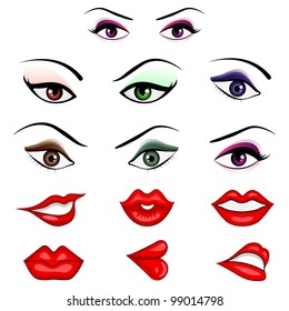 Vector Illustration Of Collection Of Many Eyes And Lips With Different Expression