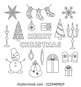 Vector illustration. A collection of Merry Christmas icons in the style of line art.
