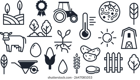 Ilustração vetorial de uma coleção de ícones de linhas minimalistas sobre o tema do tratamento do solo e da agricultura. Inclui trator, celeiro, árvores, raízes, culturas e animais. Estilo gráfico moderno e limpo.
