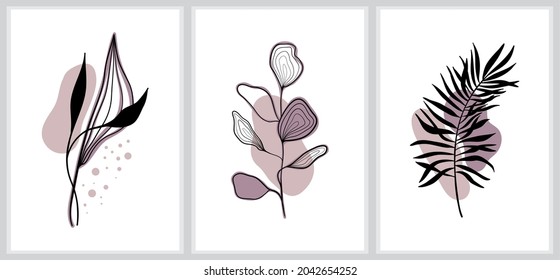 vector illustration collection of minimalistic images of leaves and branches, flowers and nature, line drawing flowers