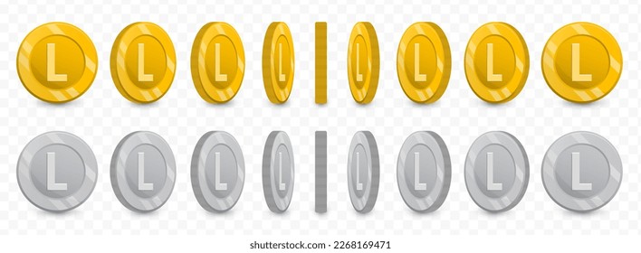 Vector illustration of a collection of Moldovan leu currency coins in gold colors and grayscale isolated on transparent background (PNG).