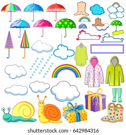 vector illustration of collection of monsoon and rainy day object including raincoat, umbrella, boots and cloud