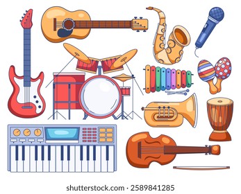 Vector Illustration A collection of musical instruments featuring a variety of instruments including acoustic and electric guitar, saxophone, microphone, drum set, xylophone, trumpet, maracas, etc