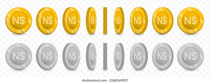 Ilustración vectorial de una colección de monedas en dólares namibianos en oro y escala de grises aisladas en fondo transparente (PNG).