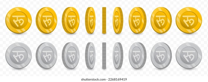 Ilustración vectorial de una colección de monedas de rupias nepalesas en colores dorados y escala de grises aisladas en fondo transparente (PNG).