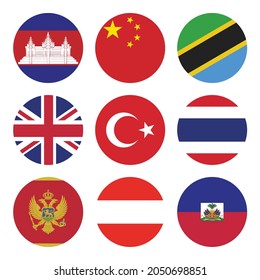 Vector illustration of a collection of nine rounded country flags consisting of the flags of the United Kingdom, Turkey, Thailand, Cambodia, the People's Republic of China, Vietnam, and Austria.