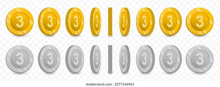Ilustración vectorial de una colección de monedas del número 3 en oro y escala de grises aisladas en fondo transparente (PNG).