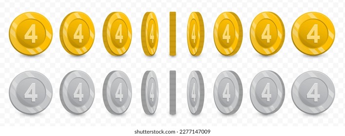 Vector illustration of a collection of Number 4 coins in gold colors and grayscale isolated on transparent background (PNG).