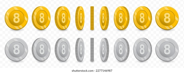 Vector illustration of a collection of Number 8 coins in gold colors and grayscale isolated on transparent background (PNG).