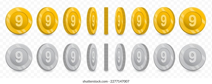 Vector illustration of a collection of Number 9 coins in gold colors and grayscale isolated on transparent background (PNG).