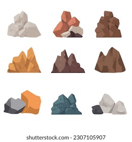 Vector illustration collection of objects, rocks, and mountains, for use in nature scenes. Light tones, simple style.