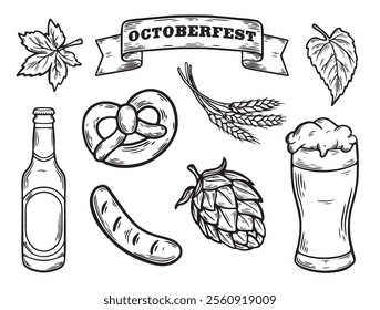 Vector illustration collection of Oktoberfest elements in a clean and modern line drawing style. beer glass, beer bottle, pretzels, sausages, hops, leaves, ribbon. isolated on white background