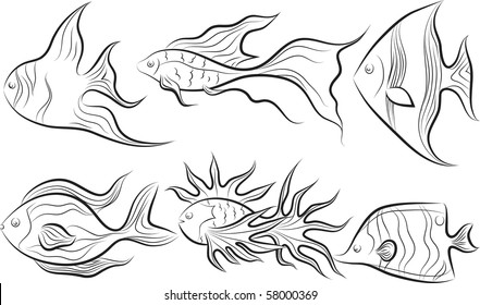 vector illustration. Collection of original stylized fishes.