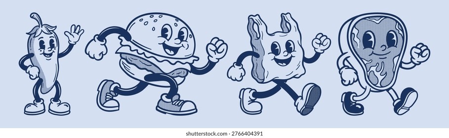 Vector illustration collection pack set of retro groovy cartoon character. retro mascot cartoon characters, groovy cartoons vintage rubber hose style