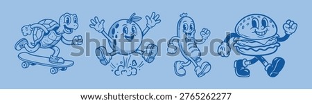Vector illustration collection pack set of retro groovy cartoon character. retro mascot cartoon characters, groovy cartoons vintage rubber hose style