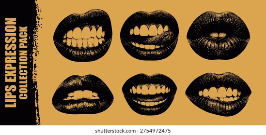 Vector illustration collection pack six diverse, high-contrast black and gold artistic lip expression sketches