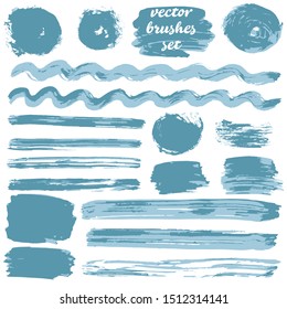 Vector illustration. Collection of paint, ink brush strokes, brushes, blots, grungy. Dirty design elements