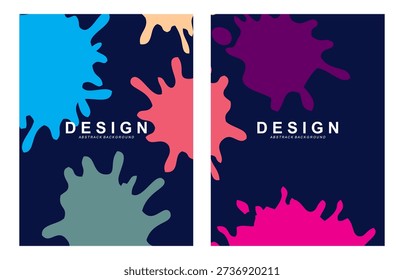 Vector illustration. Collection of paint splash style overlays. Abstract multicolored layers on dark background. messy colorful ink splashes. Design posters, covers, layouts, photo frames, social media shops