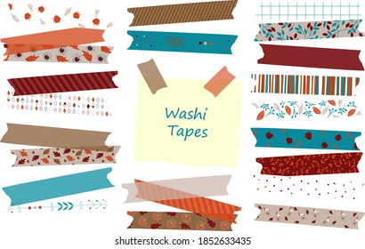 Vector illustration. Collection of patterned washi tapes. Autumn colors. Plants.