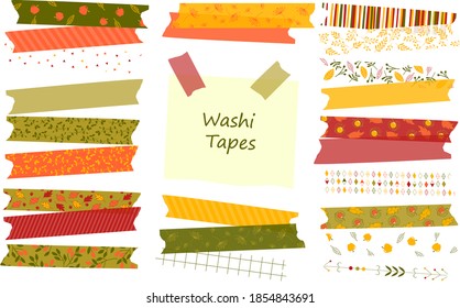 Vector illustration. Collection of patterned washi tapes. Plants. 
