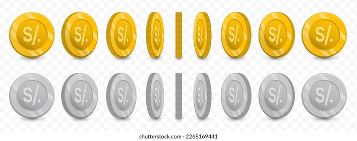 Vector illustration of a collection of Peru Nuevo Sol currency coins in gold colors and grayscale isolated on transparent background (PNG).