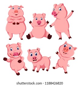 vector illustration of the collection of the pink pig in the different posing