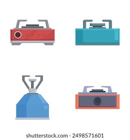 Ilustración vectorial colección de estufas de camping de diseño plano portátil en varios colores y estilos