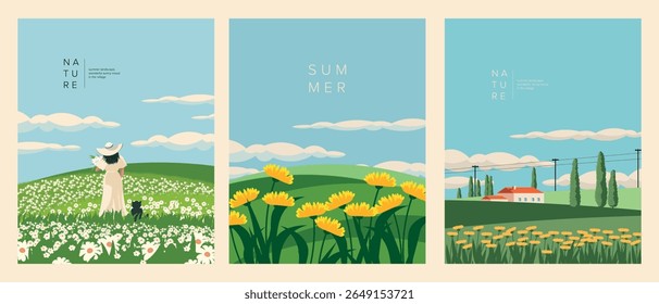 Vector illustration. Collection of postcards, banners, covers, posters. Nature, forest, field. Tourist postcards. Modern design.