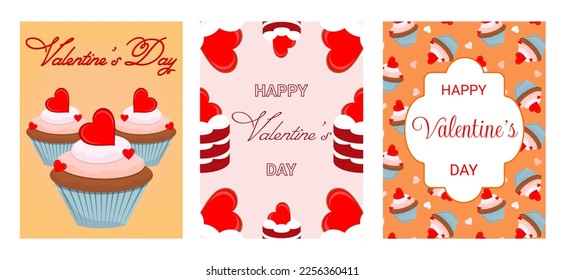 Ilustración vectorial. Colección de postales para el día de San Valentín. Bollería dulce.