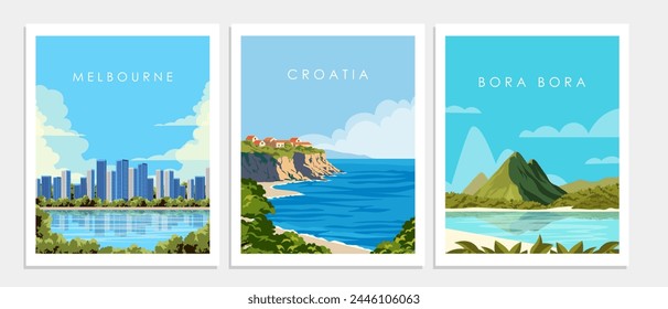 Vector illustration. Collection of posters, cards, banners. Australia, Croatia, Bora Bora. Set of designs. Tourism, travel. svg
