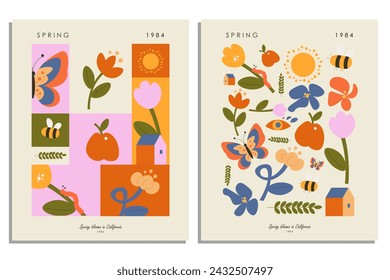 Vector illustration. Collection of posters, covers, banners. Spring bloom, summer flowers, bees, butterflies. Hand drawing. Covers for notebooks. Wall posters.