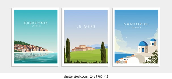 Vector illustration. Collection of posters. Greece, Croatia. Design for poster, banner, postcard, cover. Travel, vacation.