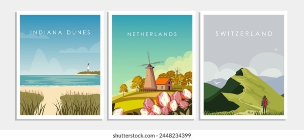 Vector illustration. Collection of posters, travel cards, banners, covers. Tourism, travel. Netherlands, Switzerland, USA. Modern design.