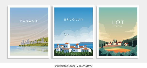 Ilustración vectorial. Colección de carteles, Anuncios de Vertical, postales, portadas. Panamá, Uruguay, Francia. Turismo, viajes.