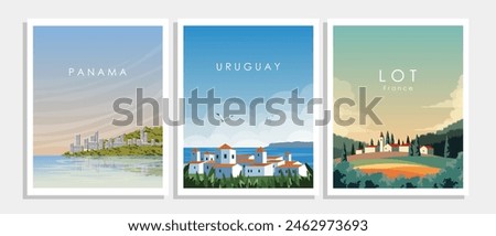 Vector illustration. Collection of posters, vertical banners, postcards, covers. Panama, Uruguay, France. Tourism, travel.