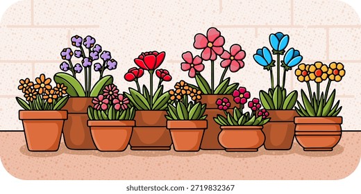 Ilustración vectorial de una colección de plantas en macetas y flores de colores dispuestas juntas.