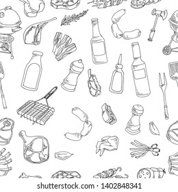 Vector illustration of a collection of poultry food and meat products. Seamless background