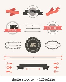 Vector illustration. Collection of Premium Quality and Guarantee Labels. Collection of Labels and vector element with retro vintage styled design. Set of retro ribbons and labels.