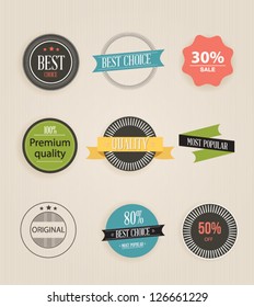 Vector illustration. Collection of Premium Quality and Guarantee Labels. Collection of Labels and vector element with retro vintage styled design. Set of retro ribbons and labels.
