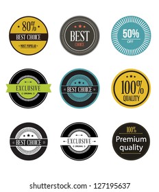 Vector illustration. Collection of Premium Quality and Guarantee Labels. Collection of Labels and vector element with retro vintage styled design. Set of retro ribbons and labels.