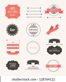 Vector illustration. Collection of Premium Quality and Guarantee Labels. Collection of Labels and vector element with retro vintage styled design. Set of retro ribbons and labels.