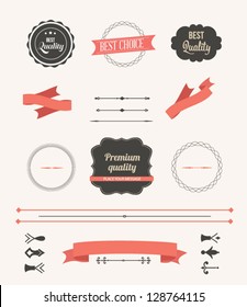 Vector illustration. Collection of Premium Quality and Guarantee Labels. Collection of Labels and vector element with retro vintage styled design. Set of retro ribbons and labels.