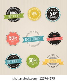 Vector illustration. Collection of Premium Quality and Guarantee Labels. Collection of Labels and vector element with retro vintage styled design. Set of retro ribbons and labels.