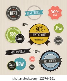 Vector illustration. Collection of Premium Quality and Guarantee Labels. Collection of Labels and vector element with retro vintage styled design. Set of retro ribbons and labels.
