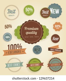 Vector illustration. Collection of Premium Quality and Guarantee Labels. Collection of Labels and vector element with retro vintage styled design. Set of retro ribbons and labels.