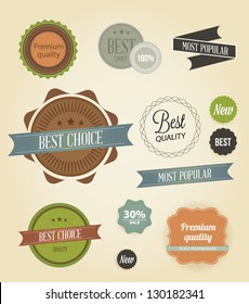 Vector illustration. Collection of Premium Quality and Guarantee Labels. Collection of Labels and vector element with retro vintage styled design. Set of retro ribbons and labels.
